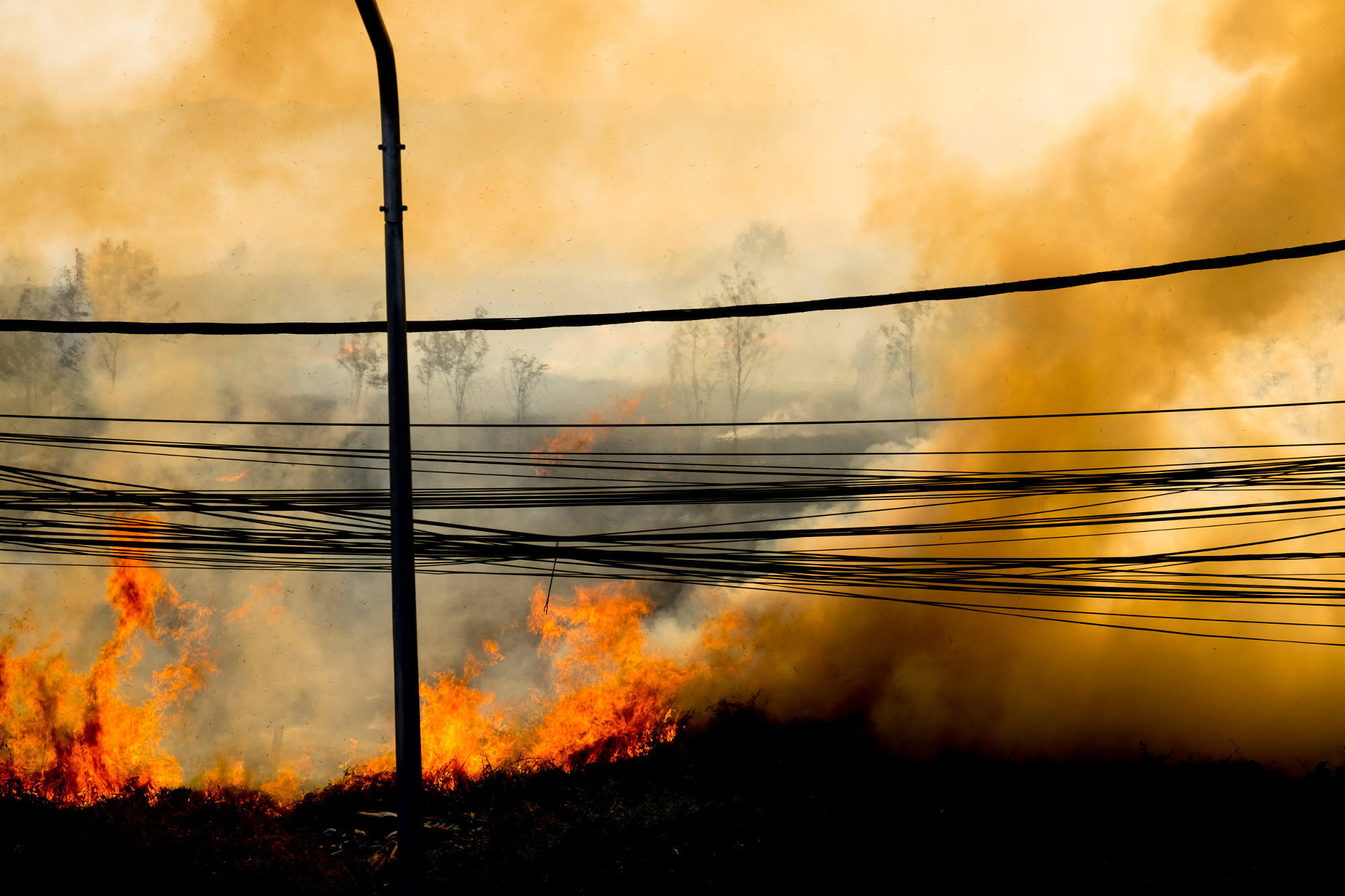 Wildefire at side of road, beneath power lines